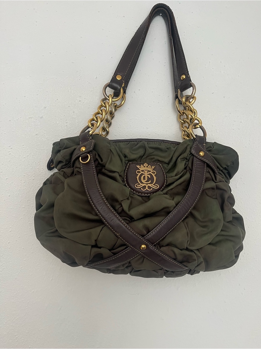 Juicy Couture Olive Green Quilted Shoulder Bag with Gold Hardware